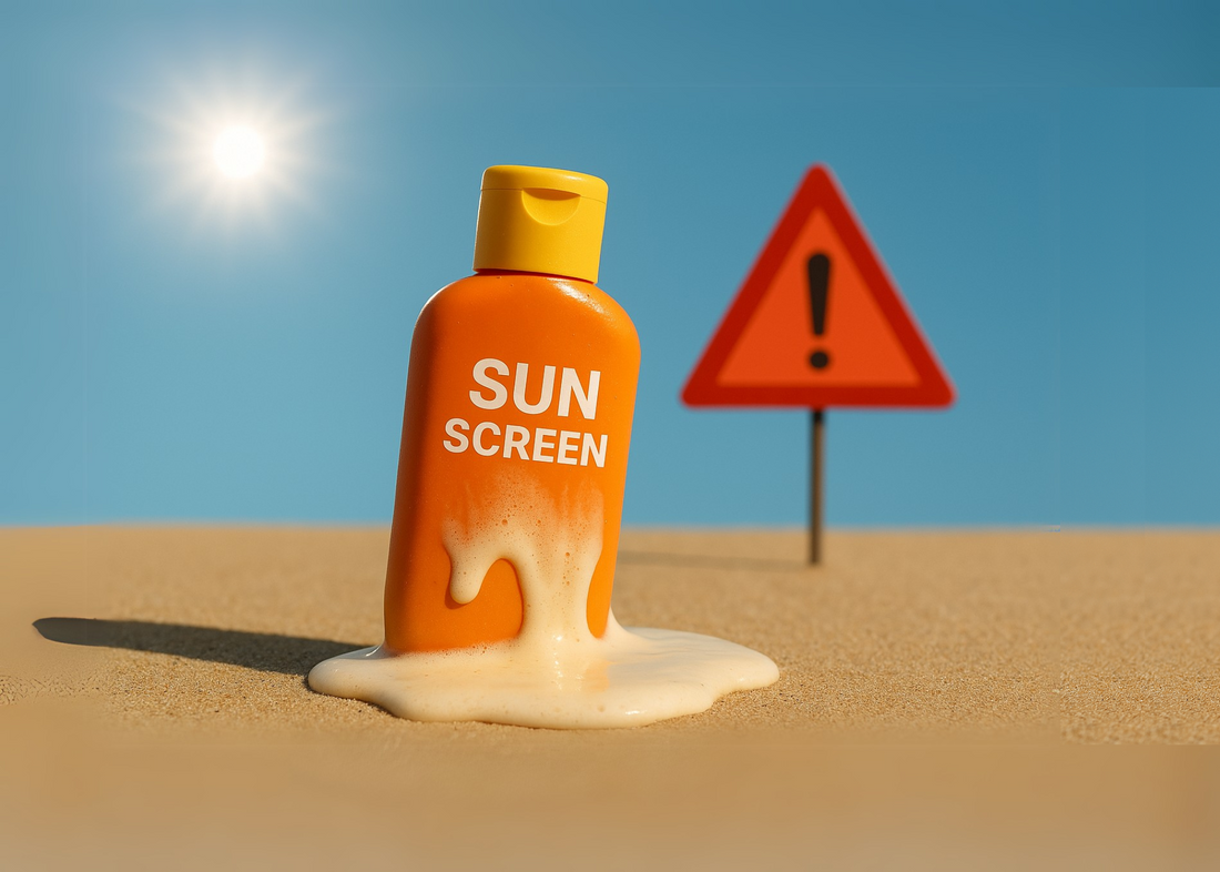 Melting sunscreen bottle under sun with warning symbol, representing hidden dangers of conventional sunscreen