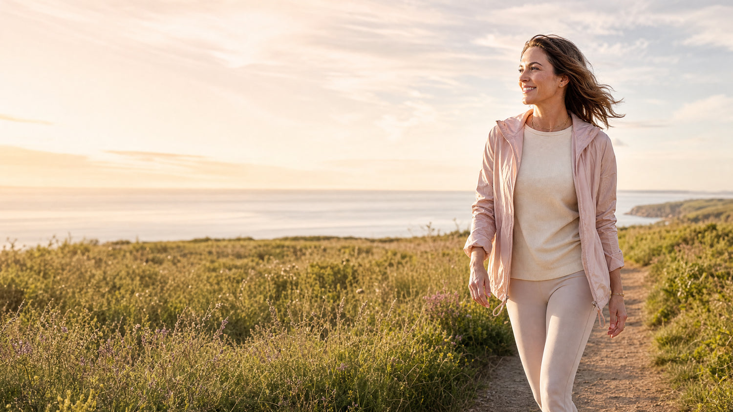 Woman enjoying a peaceful coastal trail walk in warm morning light.