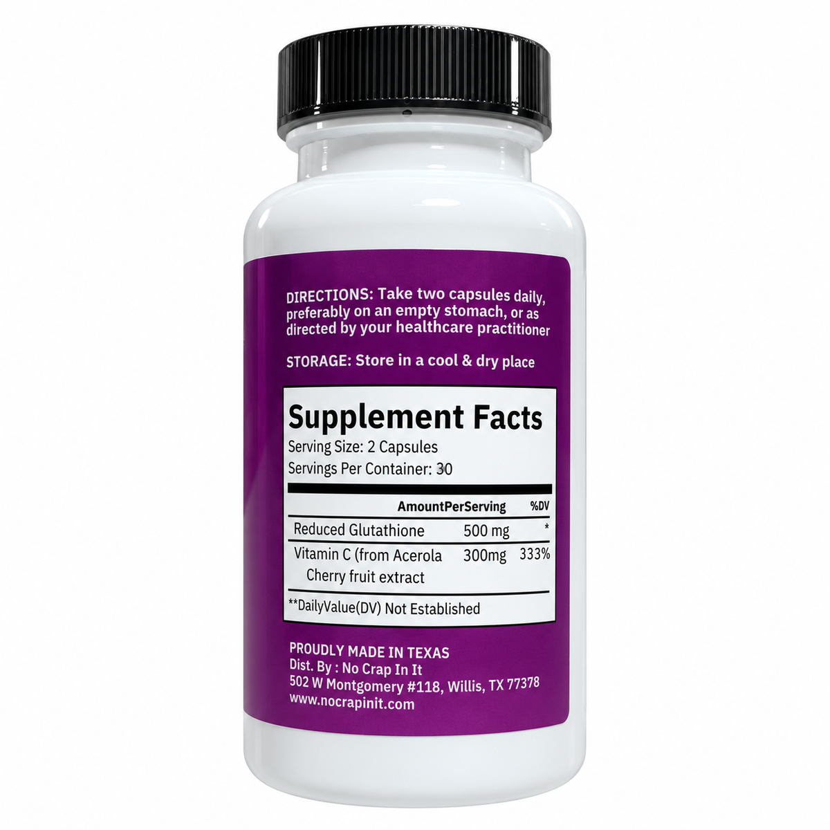 Back of the Ageless Glutathione bottle: Supplement Facts, 2 capsules per serving, 30 servings, 500 mg reduced glutathione, 300 mg vitamin C