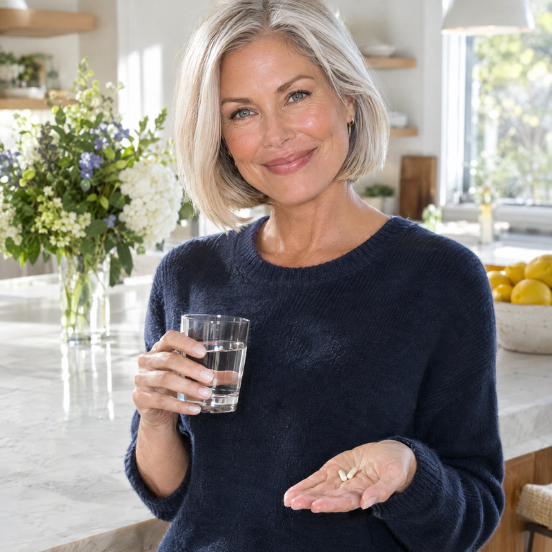 Woman in her 50s taking two Ageless capsules in her kitchen