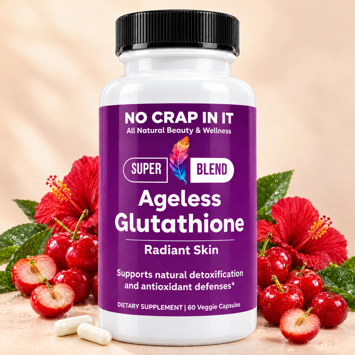 Ageless Glutathione bottle with acerola cherries and capsules