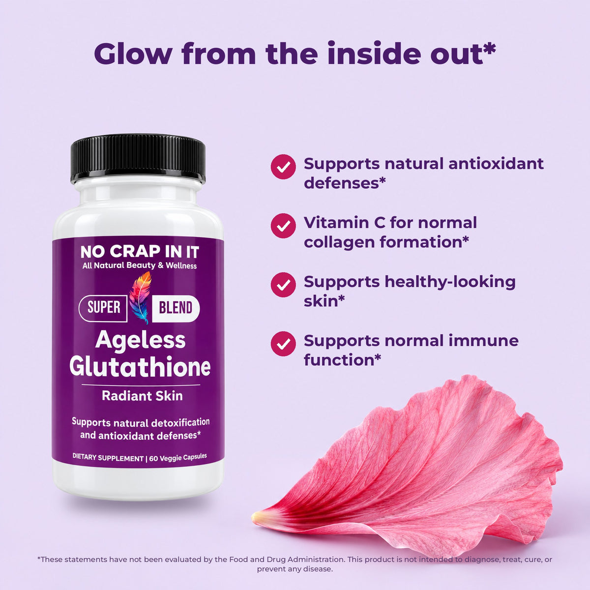 Ageless Glutathione benefits: antioxidant defenses, collagen formation, healthy-looking skin, immune function