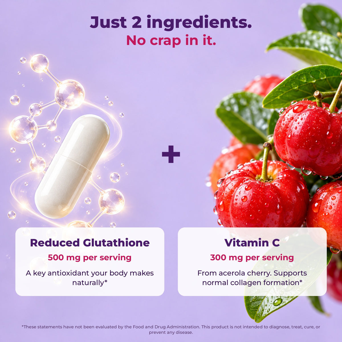 Two ingredients: 500 mg reduced glutathione and 300 mg vitamin C from acerola cherry
