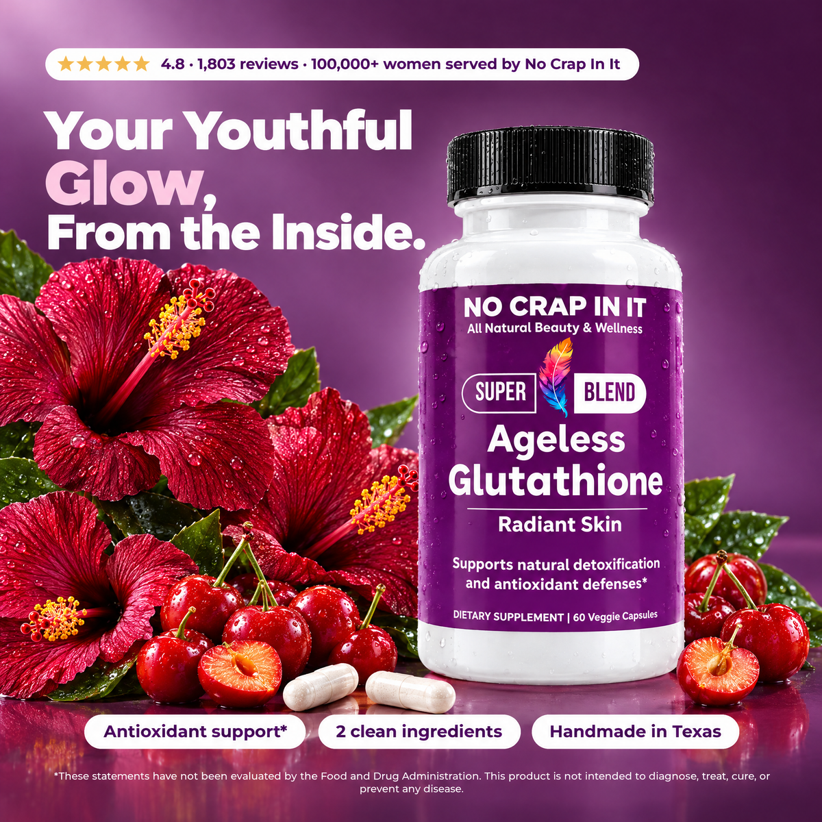 Ageless Glutathione: your youthful glow, from the inside. Bottle with hibiscus and acerola cherries