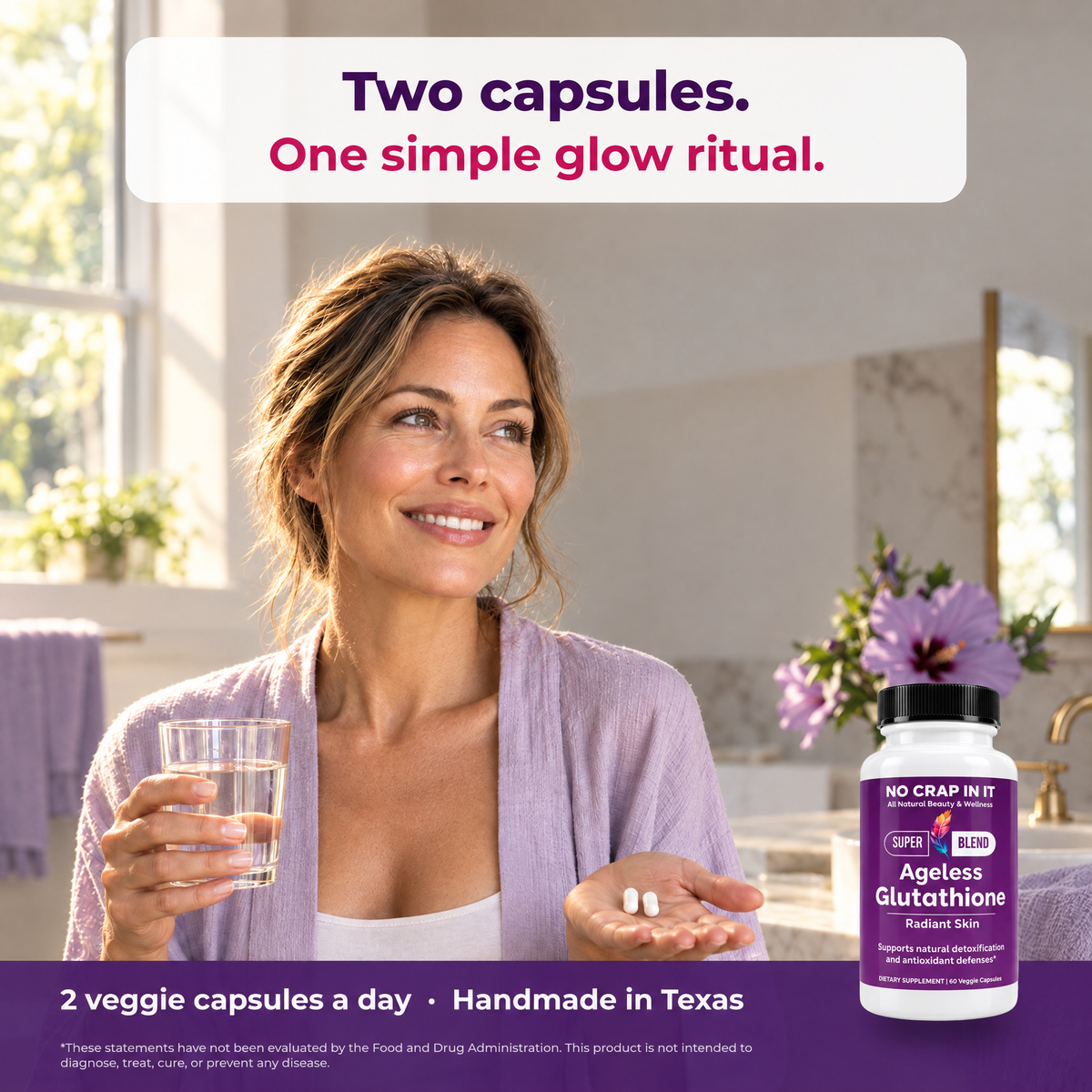 Woman taking two Ageless Glutathione capsules with water, a simple daily glow ritual