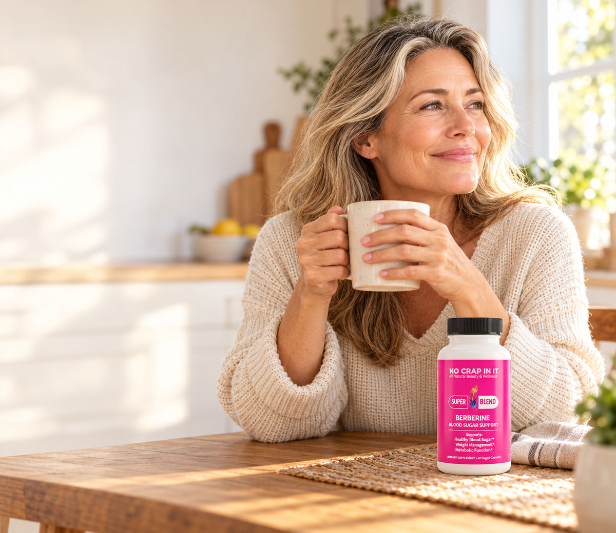 Woman relaxed at her kitchen table in the morning