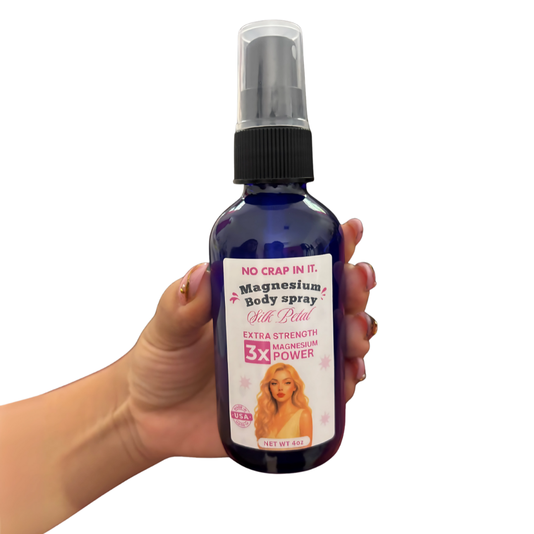 Hand holding a bottle of magnesium body spray with a visible label on a white background